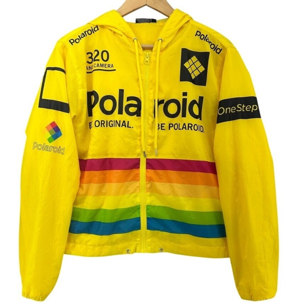 Polaroid Rainbow Stripe Windbreaker Jacket SZ Small Yellow Retro Camera Graphic